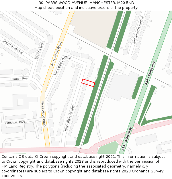 30, PARRS WOOD AVENUE, MANCHESTER, M20 5ND: Location map and indicative extent of plot