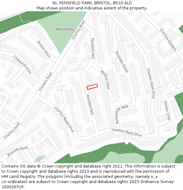 30, PENSFIELD PARK, BRISTOL, BS10 6LD: Location map and indicative extent of plot