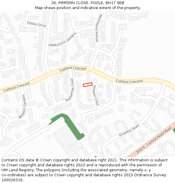 30, PIMPERN CLOSE, POOLE, BH17 9EB: Location map and indicative extent of plot