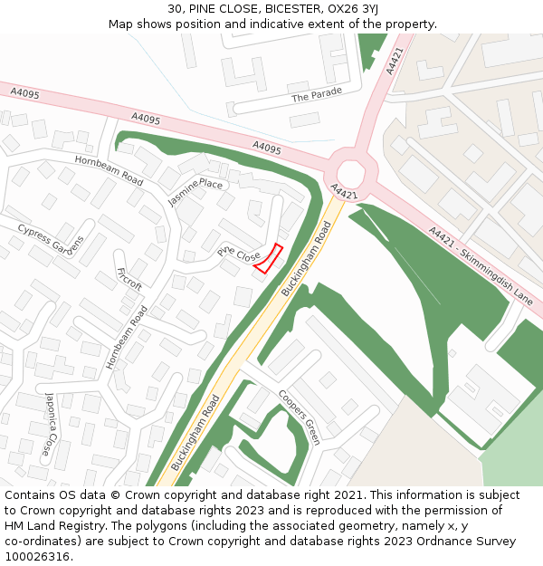 30, PINE CLOSE, BICESTER, OX26 3YJ: Location map and indicative extent of plot
