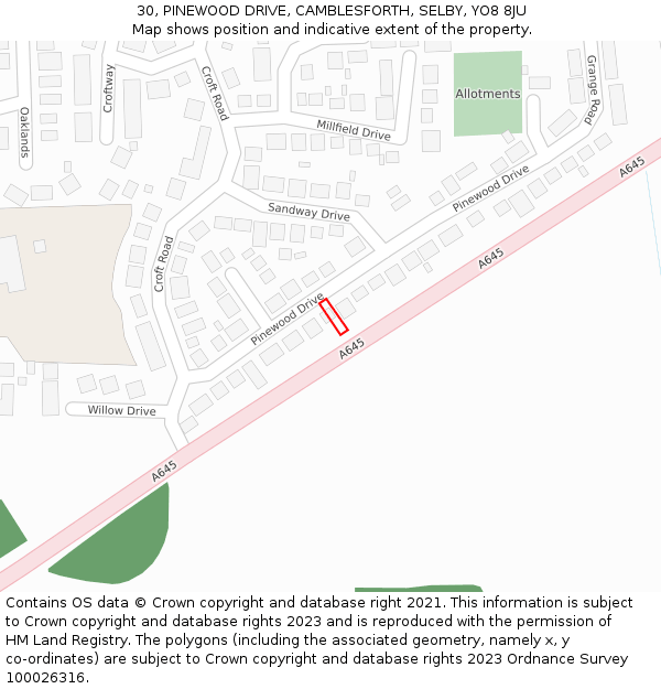 30, PINEWOOD DRIVE, CAMBLESFORTH, SELBY, YO8 8JU: Location map and indicative extent of plot