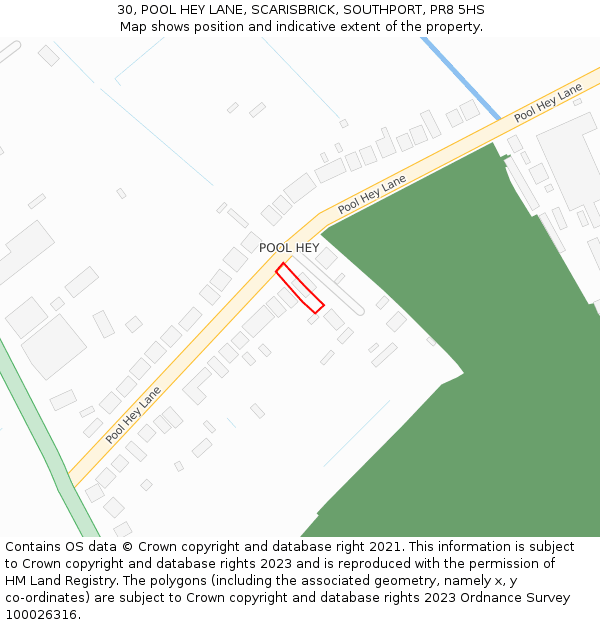30, POOL HEY LANE, SCARISBRICK, SOUTHPORT, PR8 5HS: Location map and indicative extent of plot