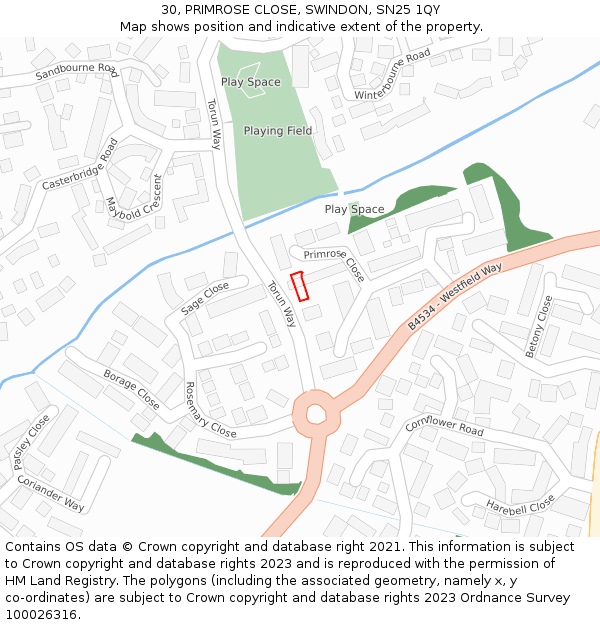30, PRIMROSE CLOSE, SWINDON, SN25 1QY: Location map and indicative extent of plot