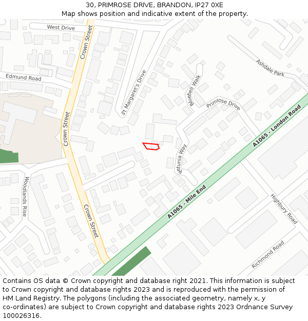30, PRIMROSE DRIVE, BRANDON, IP27 0XE: Location map and indicative extent of plot