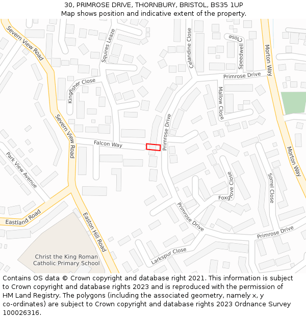 30, PRIMROSE DRIVE, THORNBURY, BRISTOL, BS35 1UP: Location map and indicative extent of plot