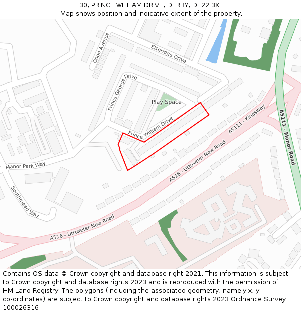 30, PRINCE WILLIAM DRIVE, DERBY, DE22 3XF: Location map and indicative extent of plot