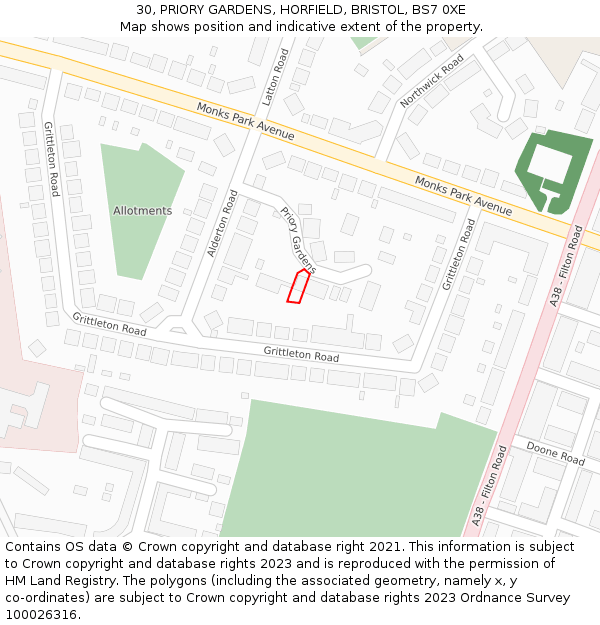 30, PRIORY GARDENS, HORFIELD, BRISTOL, BS7 0XE: Location map and indicative extent of plot