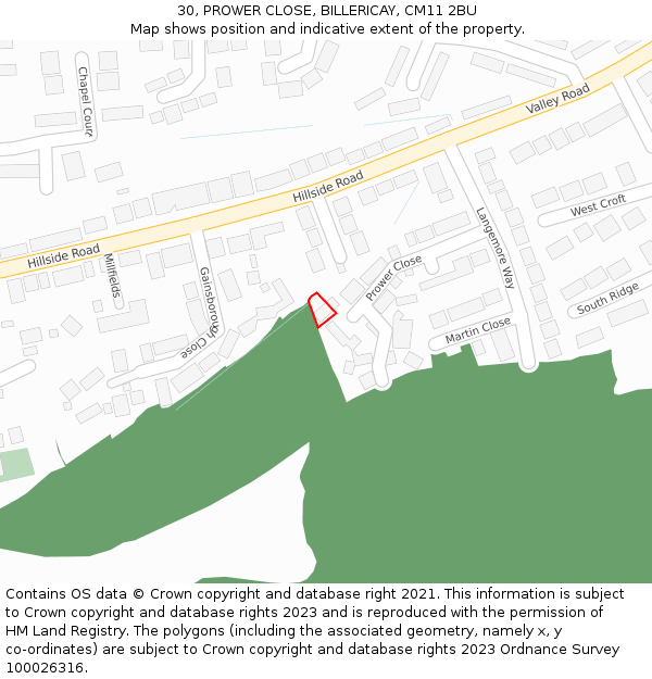 30, PROWER CLOSE, BILLERICAY, CM11 2BU: Location map and indicative extent of plot