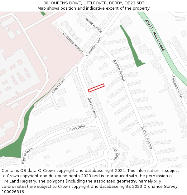 30, QUEENS DRIVE, LITTLEOVER, DERBY, DE23 6DT: Location map and indicative extent of plot