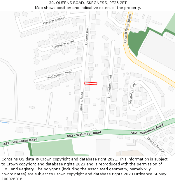 30, QUEENS ROAD, SKEGNESS, PE25 2ET: Location map and indicative extent of plot