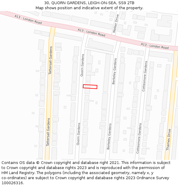 30, QUORN GARDENS, LEIGH-ON-SEA, SS9 2TB: Location map and indicative extent of plot