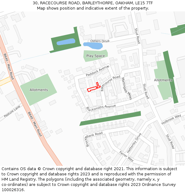 30, RACECOURSE ROAD, BARLEYTHORPE, OAKHAM, LE15 7TF: Location map and indicative extent of plot