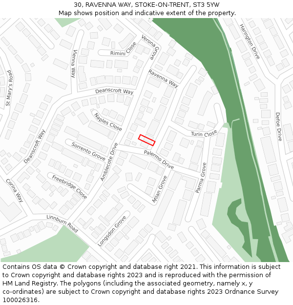 30, RAVENNA WAY, STOKE-ON-TRENT, ST3 5YW: Location map and indicative extent of plot