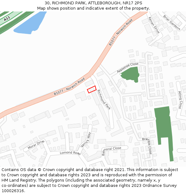 30, RICHMOND PARK, ATTLEBOROUGH, NR17 2PS: Location map and indicative extent of plot