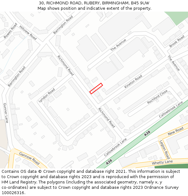 30, RICHMOND ROAD, RUBERY, BIRMINGHAM, B45 9UW: Location map and indicative extent of plot