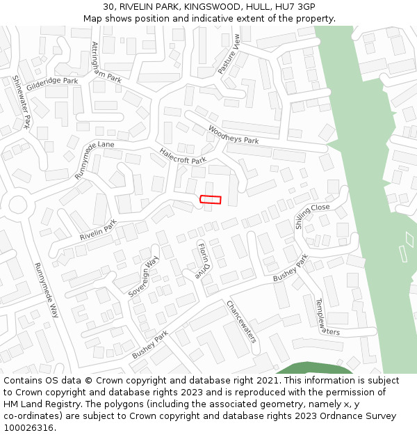 30, RIVELIN PARK, KINGSWOOD, HULL, HU7 3GP: Location map and indicative extent of plot