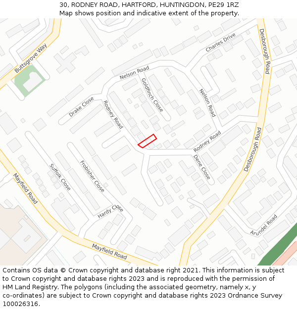 30, RODNEY ROAD, HARTFORD, HUNTINGDON, PE29 1RZ: Location map and indicative extent of plot