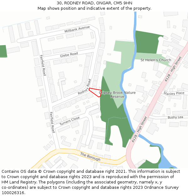 30, RODNEY ROAD, ONGAR, CM5 9HN: Location map and indicative extent of plot
