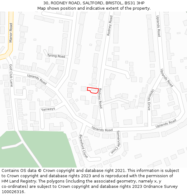30, RODNEY ROAD, SALTFORD, BRISTOL, BS31 3HP: Location map and indicative extent of plot