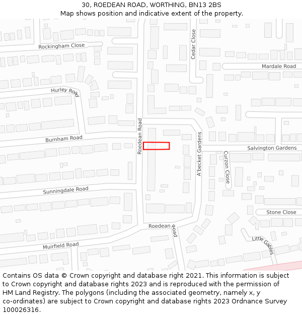 30, ROEDEAN ROAD, WORTHING, BN13 2BS: Location map and indicative extent of plot