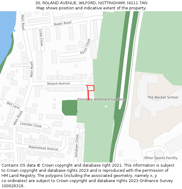 30, ROLAND AVENUE, WILFORD, NOTTINGHAM, NG11 7AN: Location map and indicative extent of plot