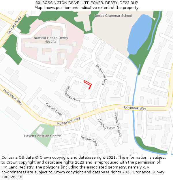 30, ROSSINGTON DRIVE, LITTLEOVER, DERBY, DE23 3UP: Location map and indicative extent of plot