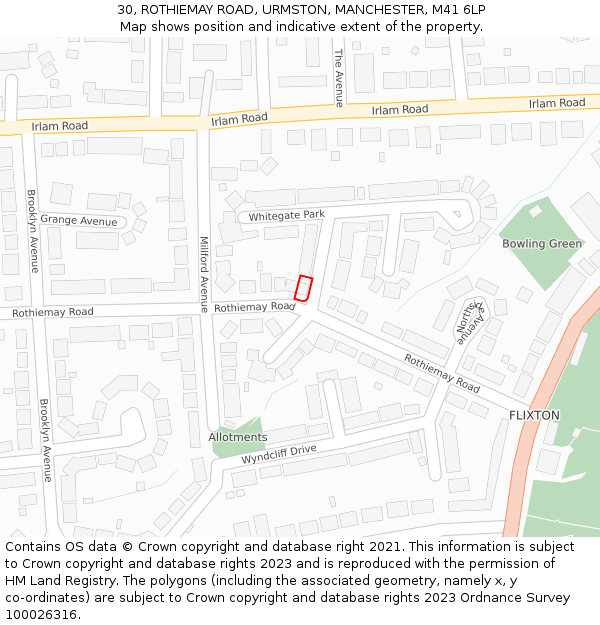 30, ROTHIEMAY ROAD, URMSTON, MANCHESTER, M41 6LP: Location map and indicative extent of plot