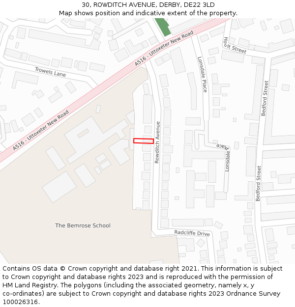 30, ROWDITCH AVENUE, DERBY, DE22 3LD: Location map and indicative extent of plot