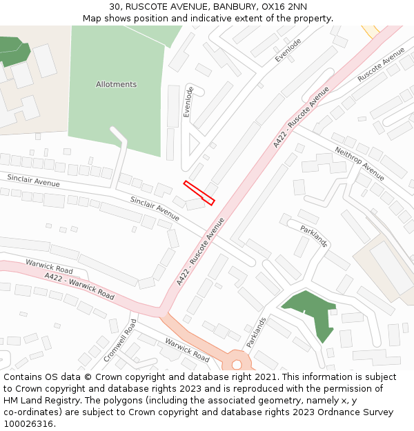 30, RUSCOTE AVENUE, BANBURY, OX16 2NN: Location map and indicative extent of plot