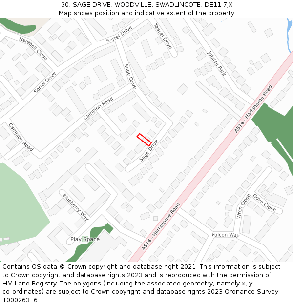 30, SAGE DRIVE, WOODVILLE, SWADLINCOTE, DE11 7JX: Location map and indicative extent of plot