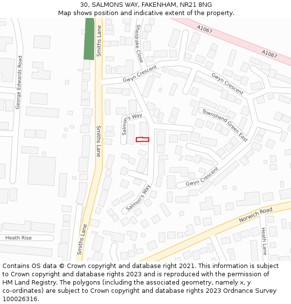 30, SALMONS WAY, FAKENHAM, NR21 8NG: Location map and indicative extent of plot