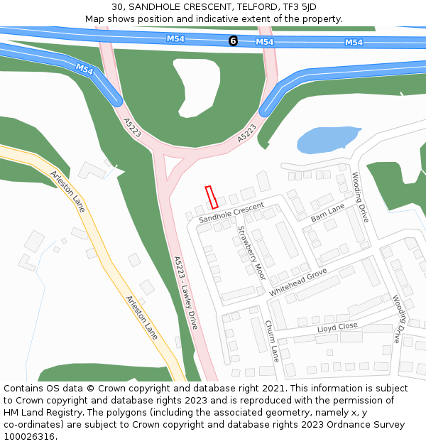 30, SANDHOLE CRESCENT, TELFORD, TF3 5JD: Location map and indicative extent of plot