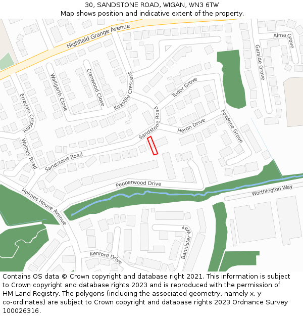 30, SANDSTONE ROAD, WIGAN, WN3 6TW: Location map and indicative extent of plot