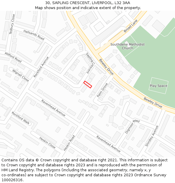 30, SAPLING CRESCENT, LIVERPOOL, L32 3AA: Location map and indicative extent of plot