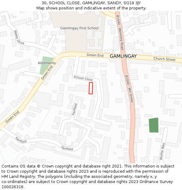 30, SCHOOL CLOSE, GAMLINGAY, SANDY, SG19 3JY: Location map and indicative extent of plot