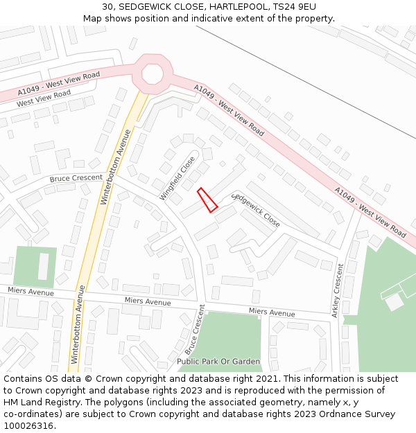 30, SEDGEWICK CLOSE, HARTLEPOOL, TS24 9EU: Location map and indicative extent of plot