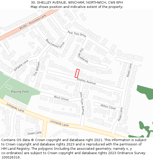 30, SHELLEY AVENUE, WINCHAM, NORTHWICH, CW9 6PH: Location map and indicative extent of plot