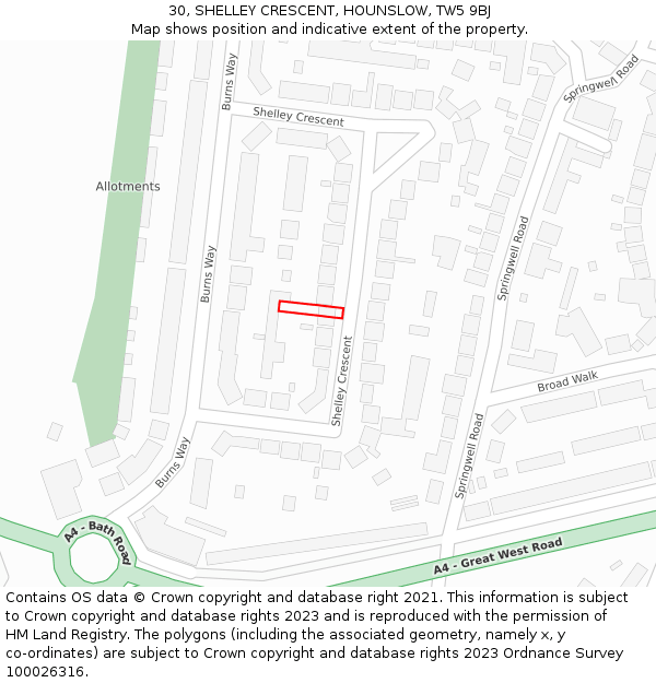 30, SHELLEY CRESCENT, HOUNSLOW, TW5 9BJ: Location map and indicative extent of plot
