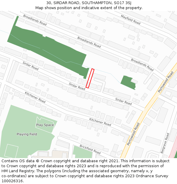30, SIRDAR ROAD, SOUTHAMPTON, SO17 3SJ: Location map and indicative extent of plot