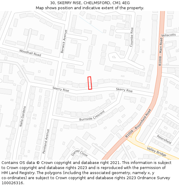 30, SKERRY RISE, CHELMSFORD, CM1 4EG: Location map and indicative extent of plot