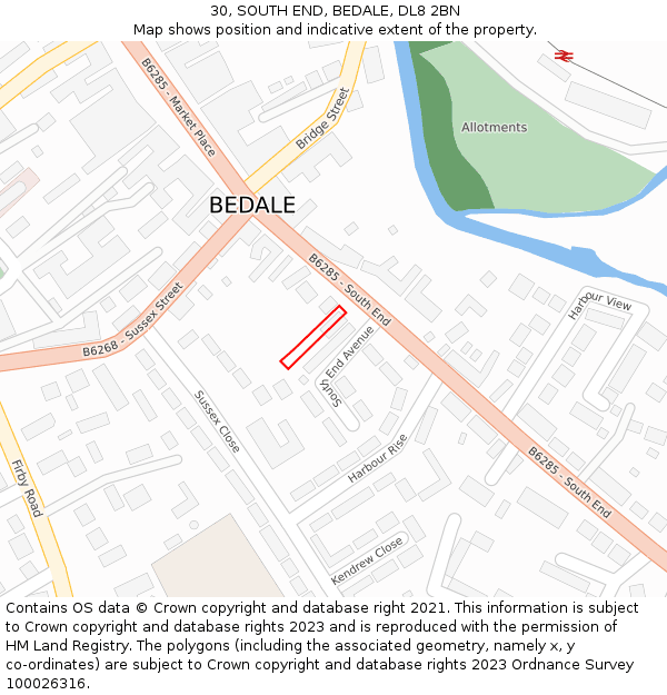 30, SOUTH END, BEDALE, DL8 2BN: Location map and indicative extent of plot