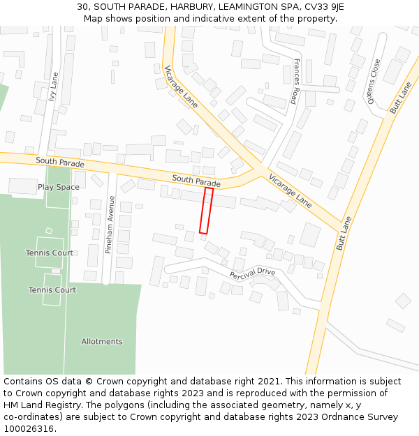 30, SOUTH PARADE, HARBURY, LEAMINGTON SPA, CV33 9JE: Location map and indicative extent of plot