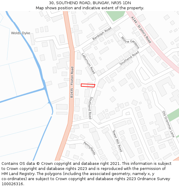 30, SOUTHEND ROAD, BUNGAY, NR35 1DN: Location map and indicative extent of plot