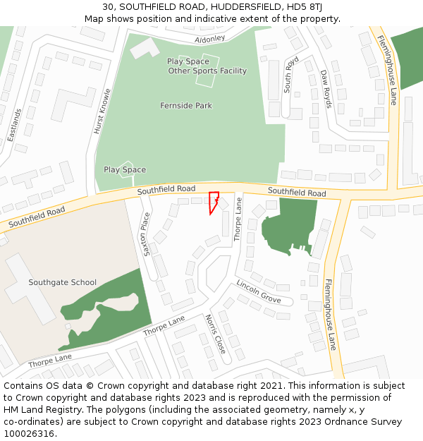 30, SOUTHFIELD ROAD, HUDDERSFIELD, HD5 8TJ: Location map and indicative extent of plot