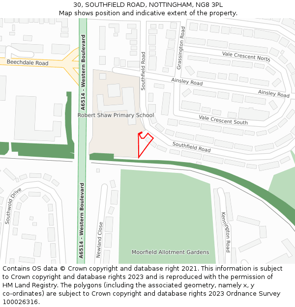 30, SOUTHFIELD ROAD, NOTTINGHAM, NG8 3PL: Location map and indicative extent of plot