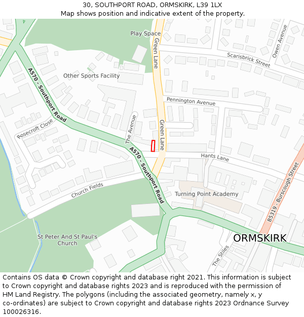 30, SOUTHPORT ROAD, ORMSKIRK, L39 1LX: Location map and indicative extent of plot