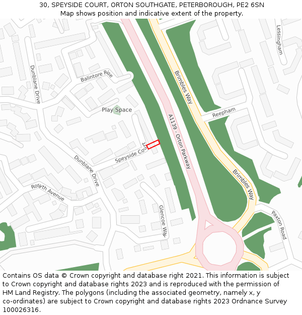 30, SPEYSIDE COURT, ORTON SOUTHGATE, PETERBOROUGH, PE2 6SN: Location map and indicative extent of plot