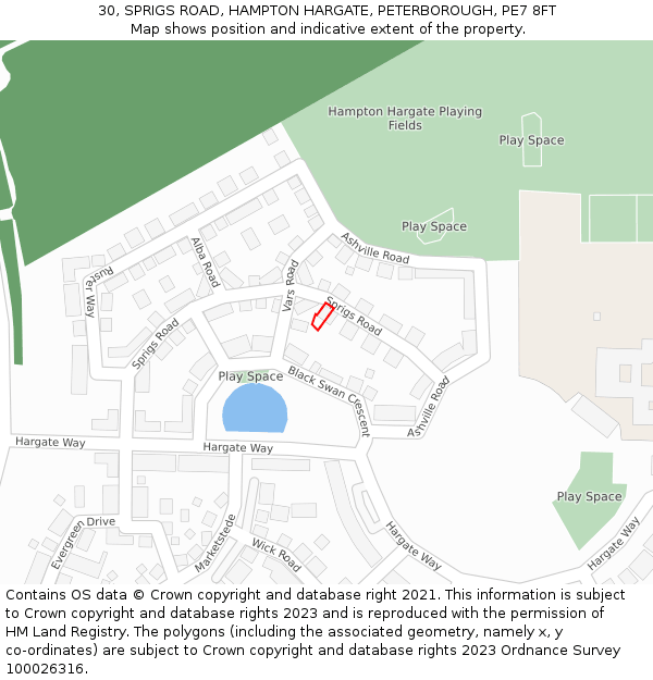 30, SPRIGS ROAD, HAMPTON HARGATE, PETERBOROUGH, PE7 8FT: Location map and indicative extent of plot
