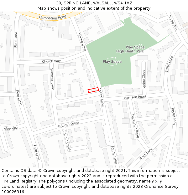 30, SPRING LANE, WALSALL, WS4 1AZ: Location map and indicative extent of plot