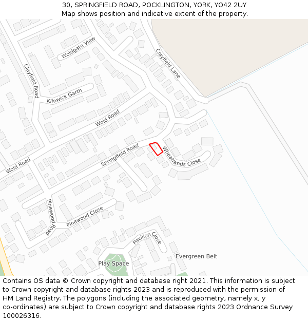 30, SPRINGFIELD ROAD, POCKLINGTON, YORK, YO42 2UY: Location map and indicative extent of plot